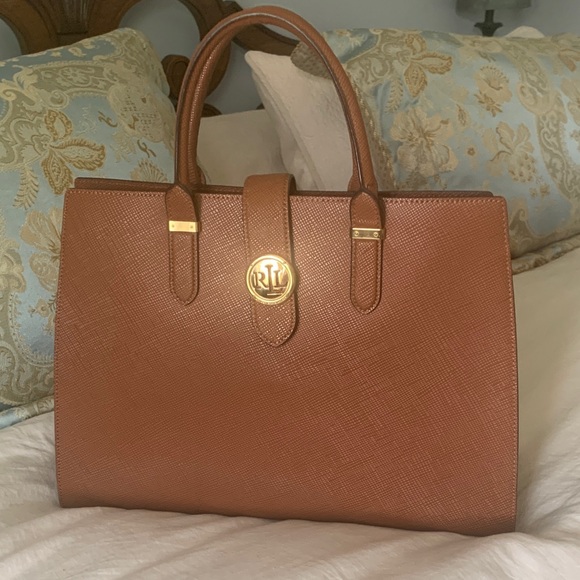 Ralph Lauren Handbags - Ralph Lauren Cognac Textured Leather Satchel with Gold RL Medallion